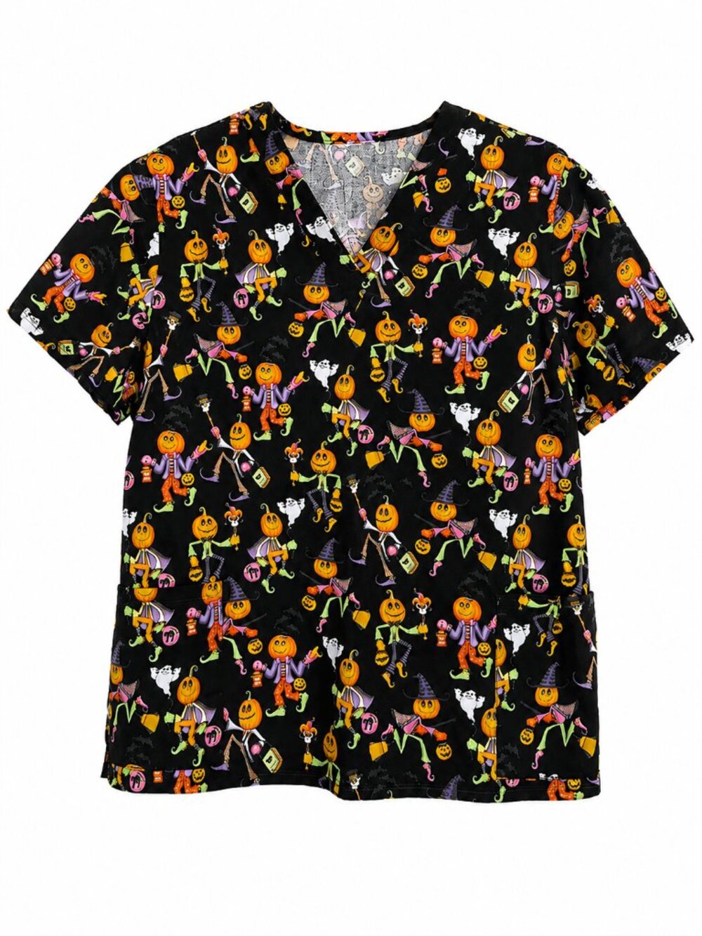 White Cross Women's Halloween Scrub Top Pumpkin Ghost Print V Neck Black Orange